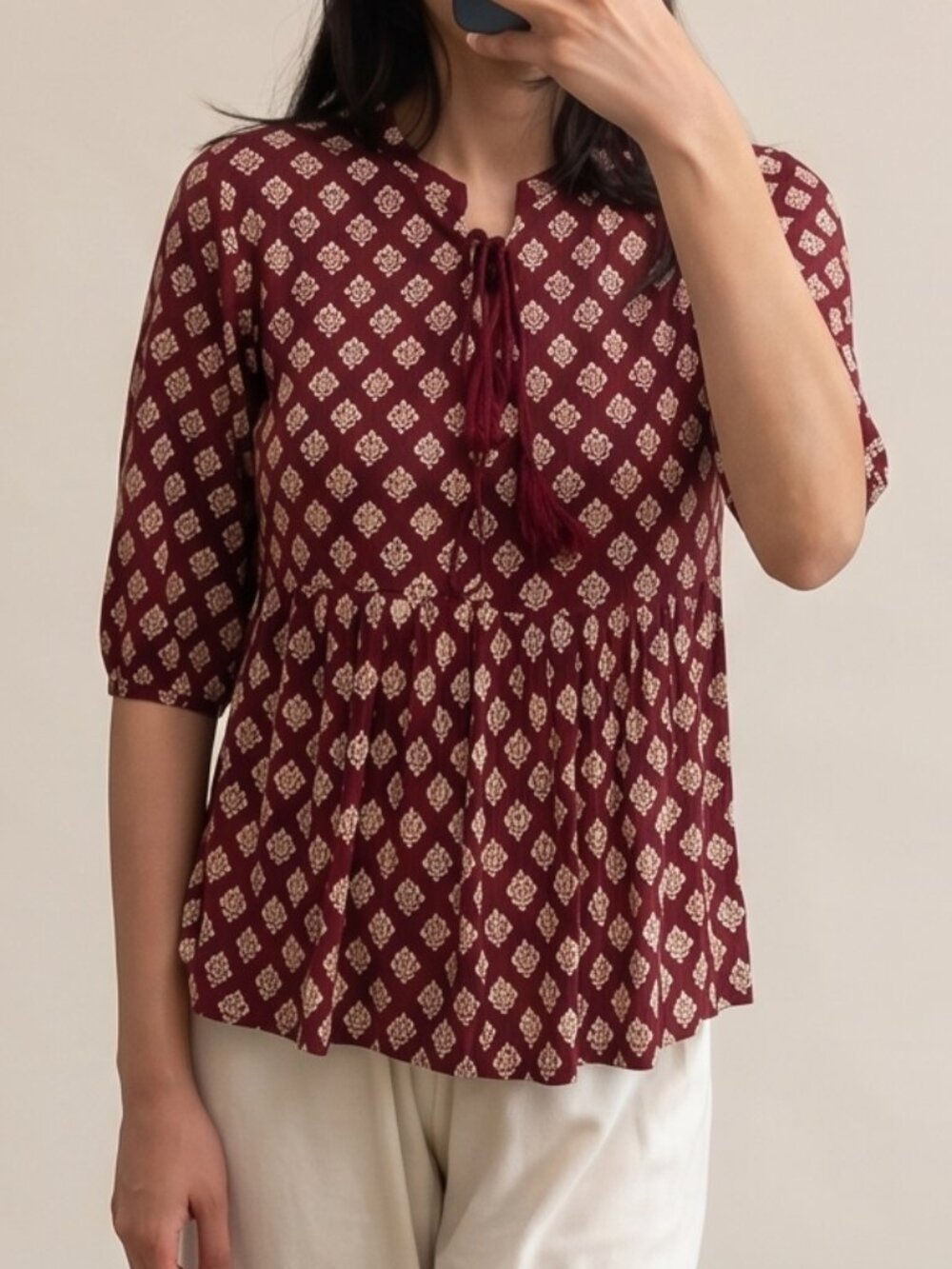 Denim Jeans & Casuals Women's Maroon Printed Peplum Top – Size XS